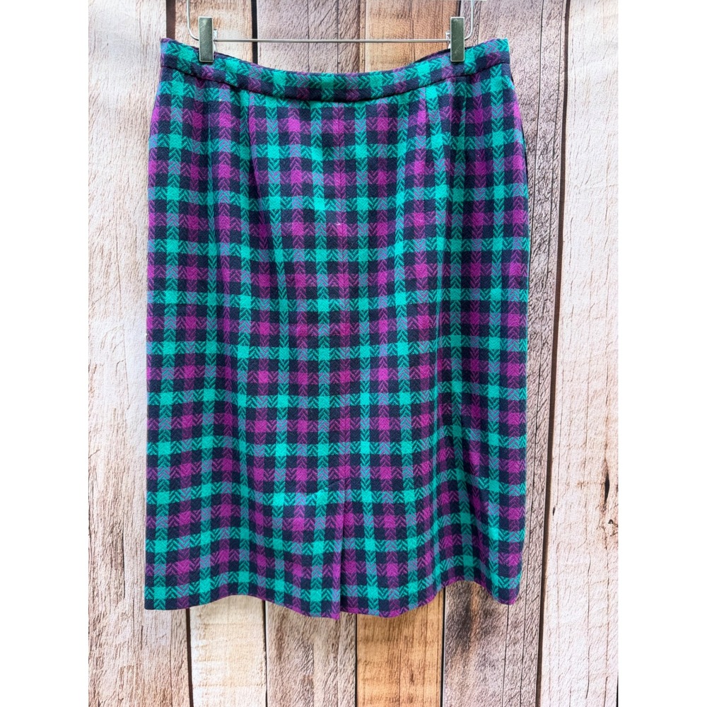 Pendleton Vintage 1980s Wool Plaid Skirt Suit Purple Green Workwear Size 14 - Picture 5 of 11